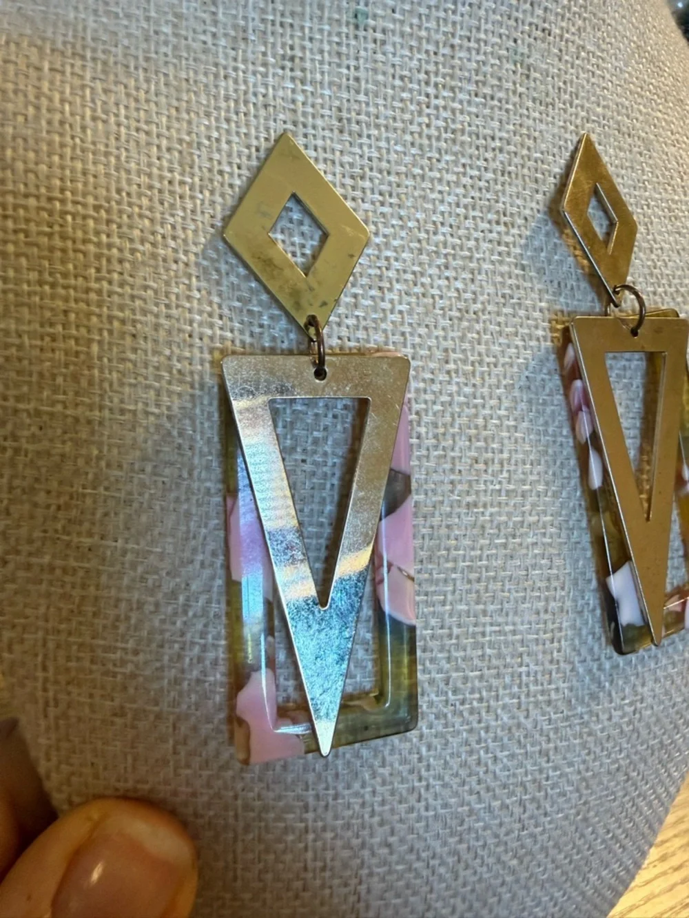 Gold Tone Pink‎ Acrylic Long Dangle Statement Earrings